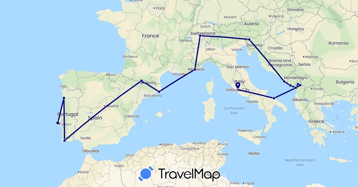 TravelMap itinerary: driving in Albania, Switzerland, Spain, France, Croatia, Italy, Montenegro, Portugal, Slovenia (Europe)